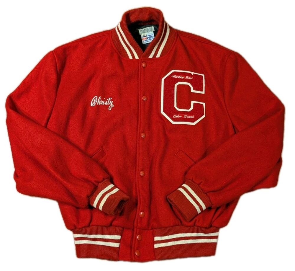 Vintage AMPRO Varsity Jacket XL Red Wool Made USA Letterman Coat Snap Front
